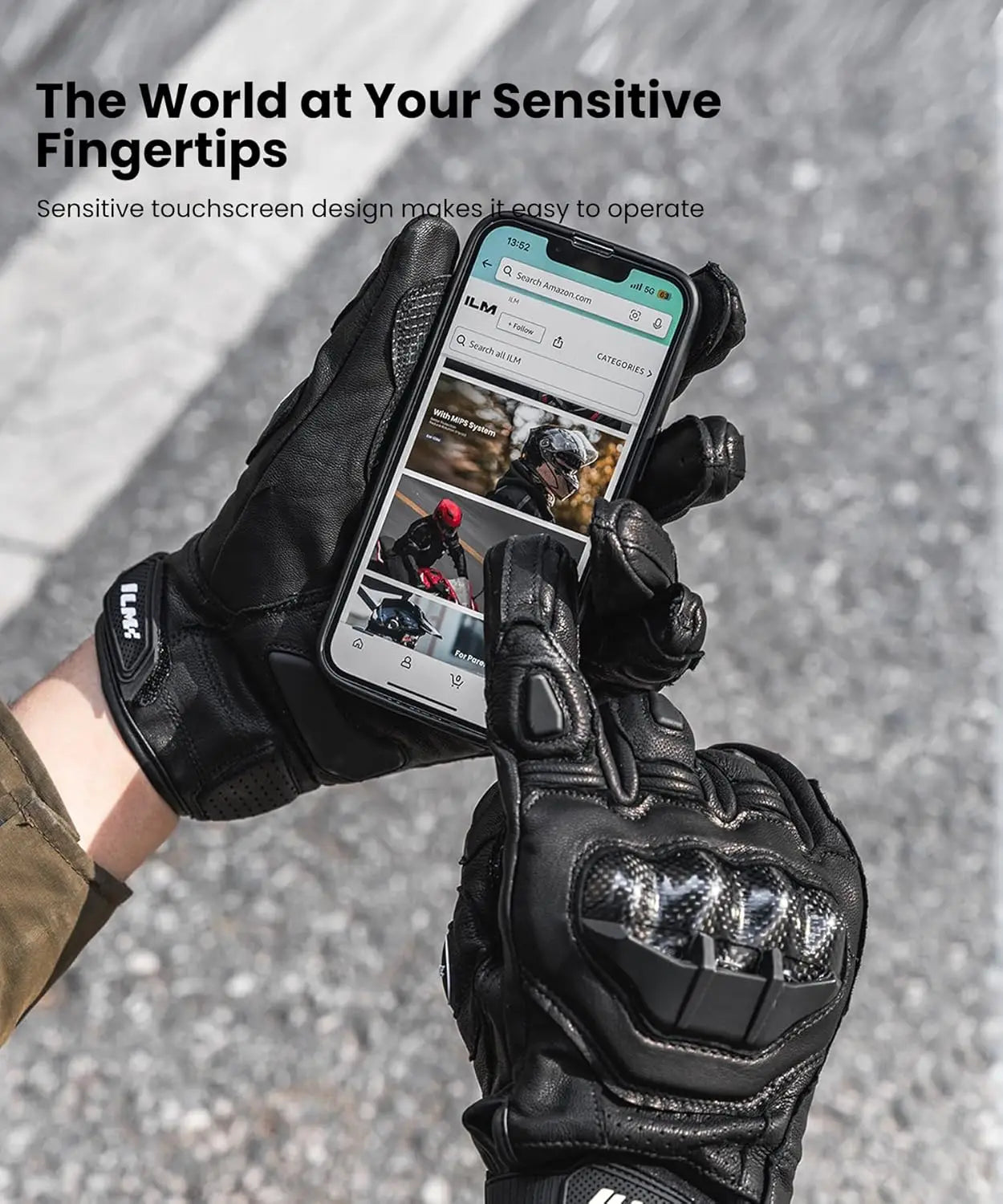 Touchscreen Motorcycle Gloves for Men and Women, Air Flow Leather, Model GRC01 (L, Black)