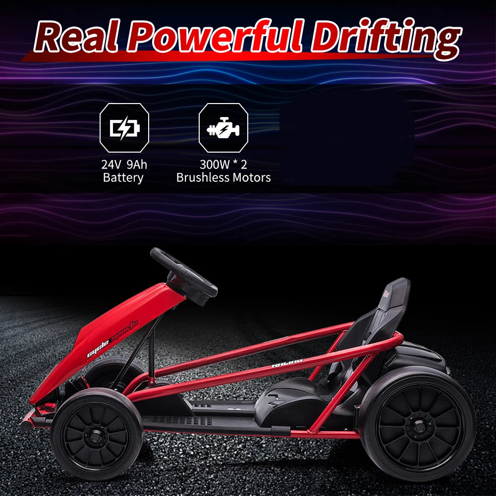 24V Powerful Go Kart With 300W*2 Motors 8.1MPH High Speed Drifting Ride On Vehicle 155lbs Max Load Outdoor Fun With Music & Hor