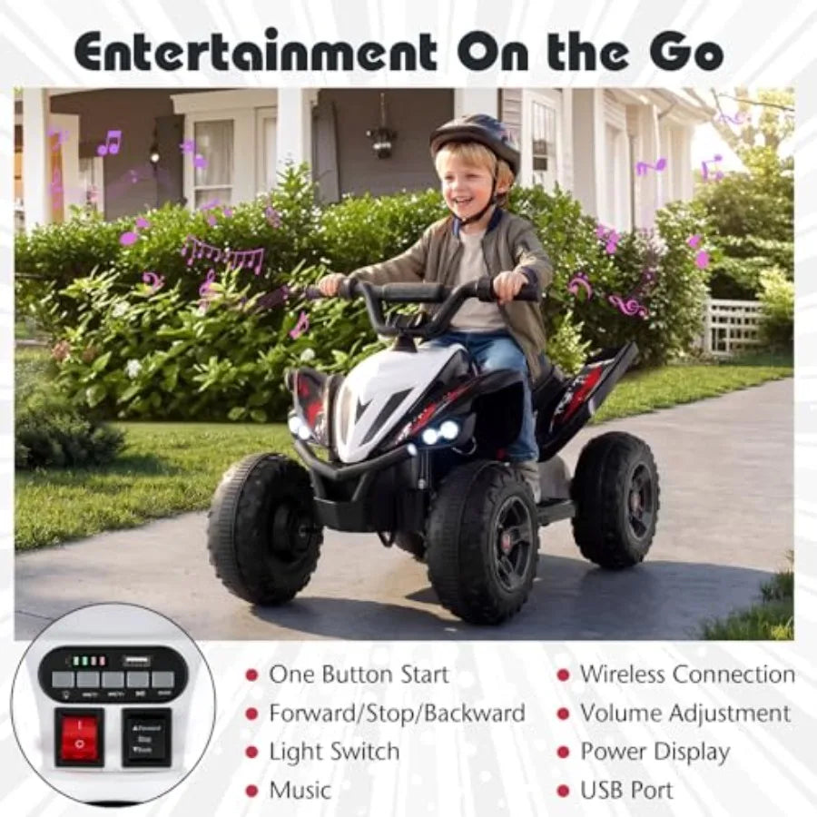 12V Ride On ATV 4 Wheeler Toddler Quad Off-Road Electric Car with Soft Start LED Lights High/Low Speed Music Battery Powered Bl