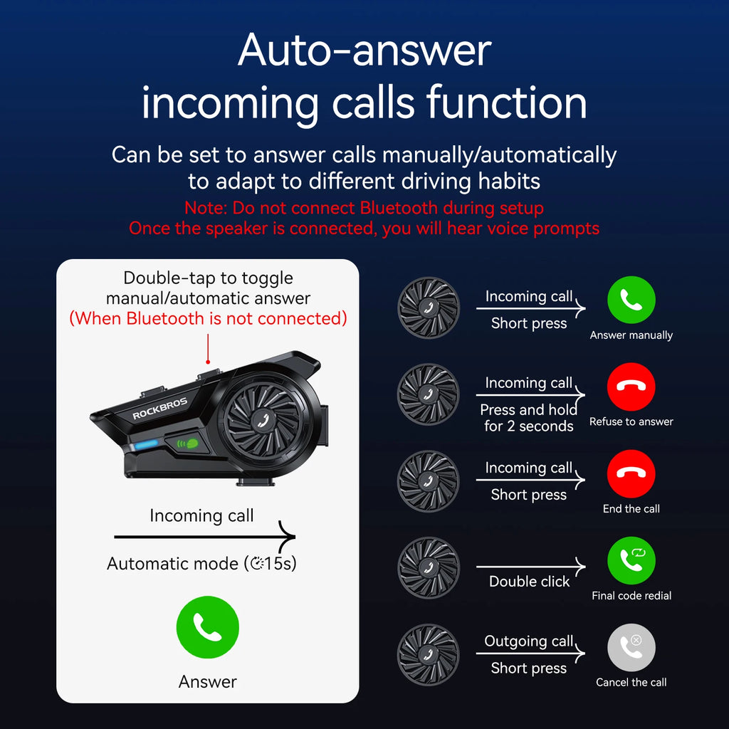 ROCKBROS Bluetooth Headset Motorcycle Helmet Bluetooth Headset 18 Hour Battery Waterproof  Full Half Helmet Bluetooth Headset