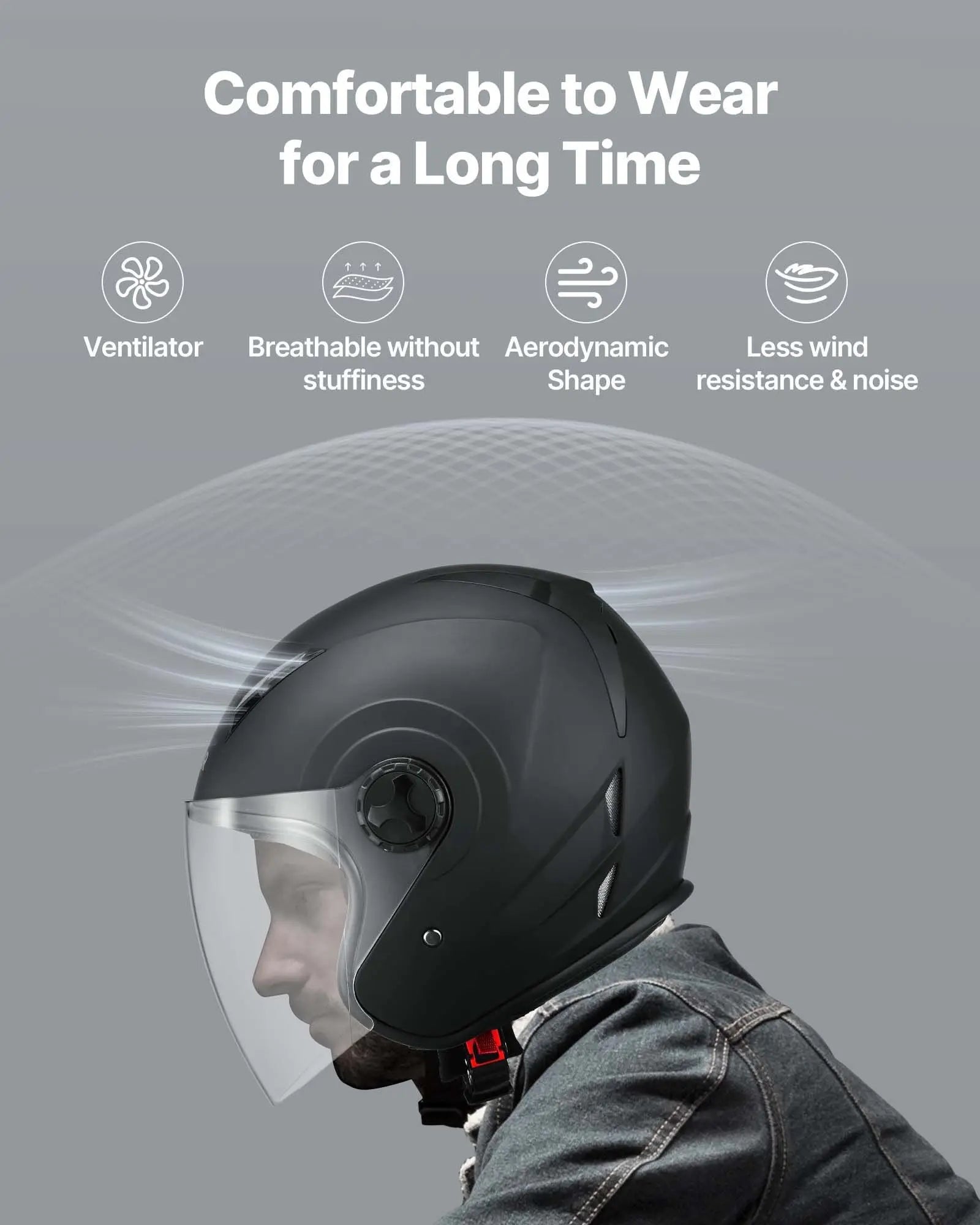 Motorcycle Helmet, 3/4 Open Face, Adult Motocross Dirt Bike Helmet with Clear Visor, Comfortable Motorbike Racing Street with