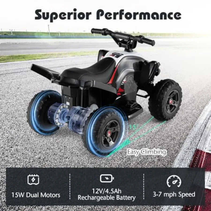12V Ride On ATV 4 Wheeler Toddler Quad Off-Road Electric Car with Soft Start LED Lights High/Low Speed Music Battery Powered Bl