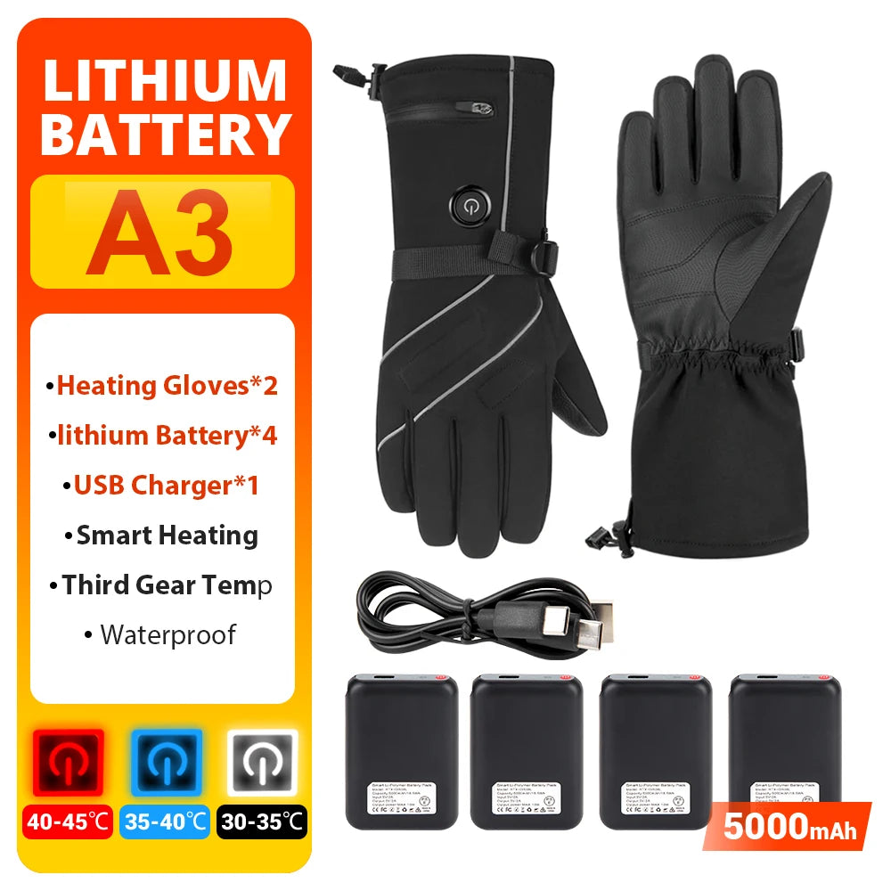 Skiing Heated Gloves Winter Warm Gloves Outdoor Non-slip Heated Gloves Waterproof Touch Screen Motorcycle Cycling Gloves