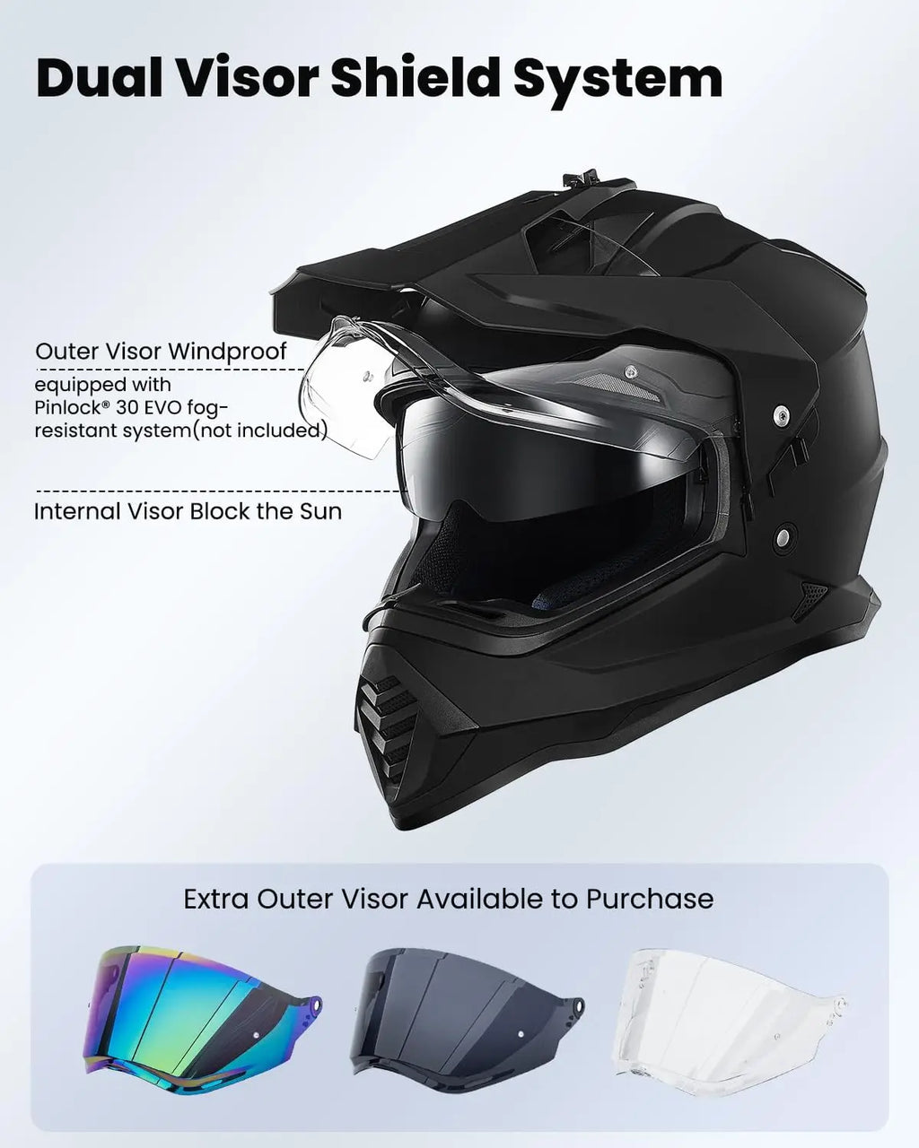 Dual Sport Motorcycle Helmet with Pinlock Sun Visor for ATV Dirt Bike Off Road Adventure Matte Black Large