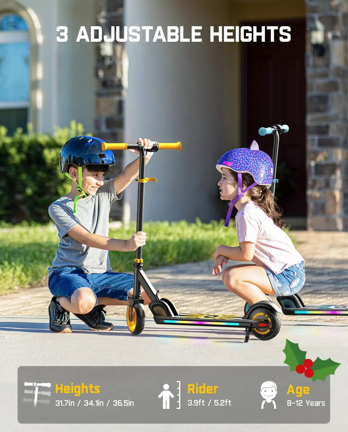 C9 Apex Kids Electric Scooter, Bluetooth Music Speaker, Colorful Light for Kids 8-12, 3.9-5.2 ft, 132 lbs, 5 Miles, Customized