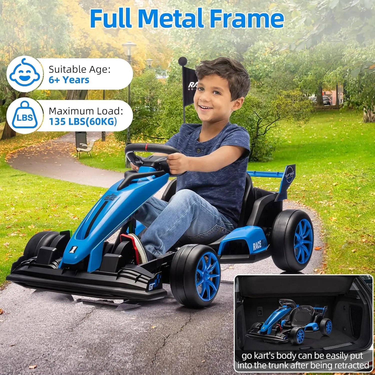 Go Kart Electric Ride On Car 24V Drift Kart Racing Toy with Adjustable Seat,7.5MPH Fast Drifting Circling for Kids 6+ Years