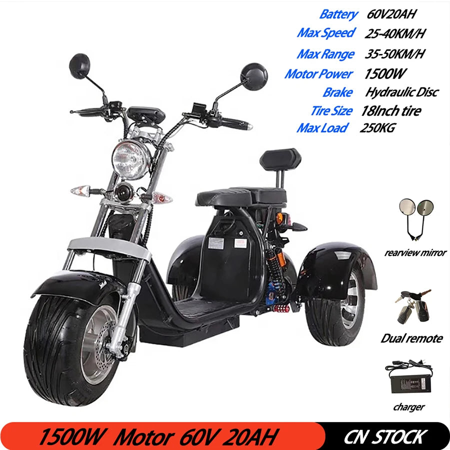 Citycoco  Electric  Scooter For Adults  Max Load 250KG 18Inch Fat Tire  1500W Motor 3 Wheel Off Road  Electric Motorcycle