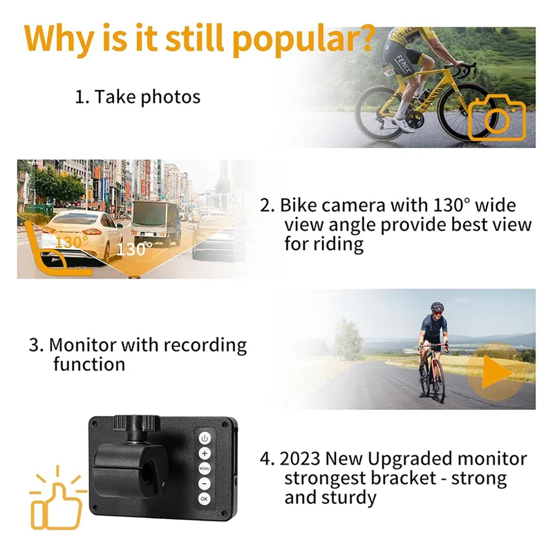 B48B-Bicycle Rear View Camera 4.3" Monitor Bike Recorder Camera 1080P Portable Night Vision For Mountain, Road E-Bike