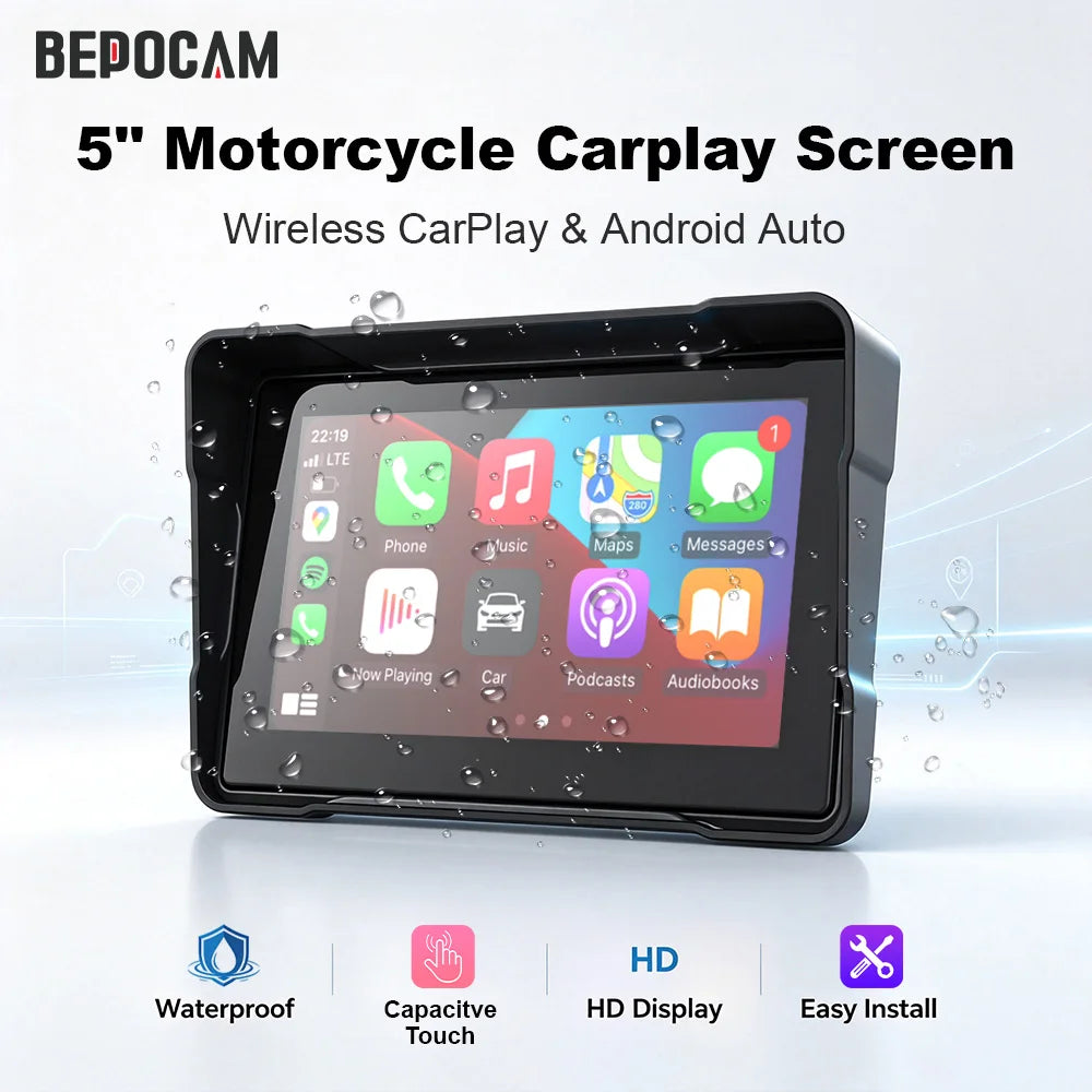 BEPOCAM 5" Motorcycle GPS Carplay Screen Wireless CarPlay Android Auto Car Stereo for Motorbike Waterproof Navigation Touchscree