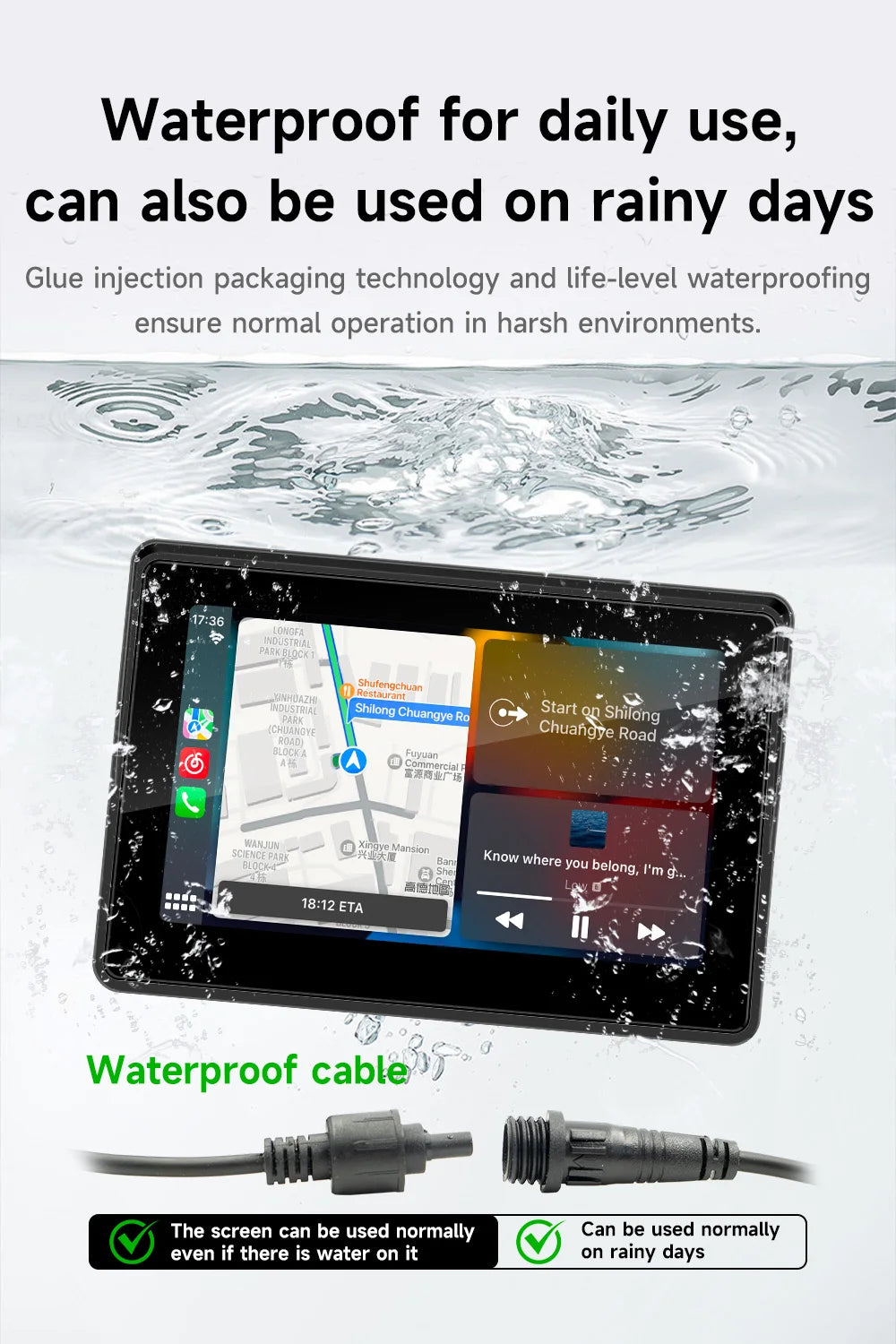 BQCC 5 Inch Portable Motorcycle Player Dual Bluetooth Wireless CarPlay Android Auto Car Motorcycle Multimedia Stereo
