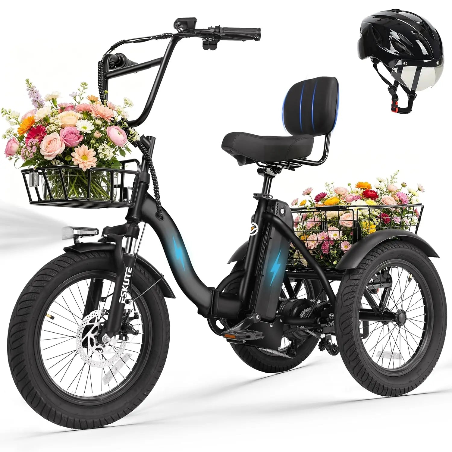 T300 Electric Tricycle for Adults, Peak 1200W Motor Folding E-Trike, 48V 13Ah Battery, 18" x 3.0" Fat Tire 3-Wheel, Customized