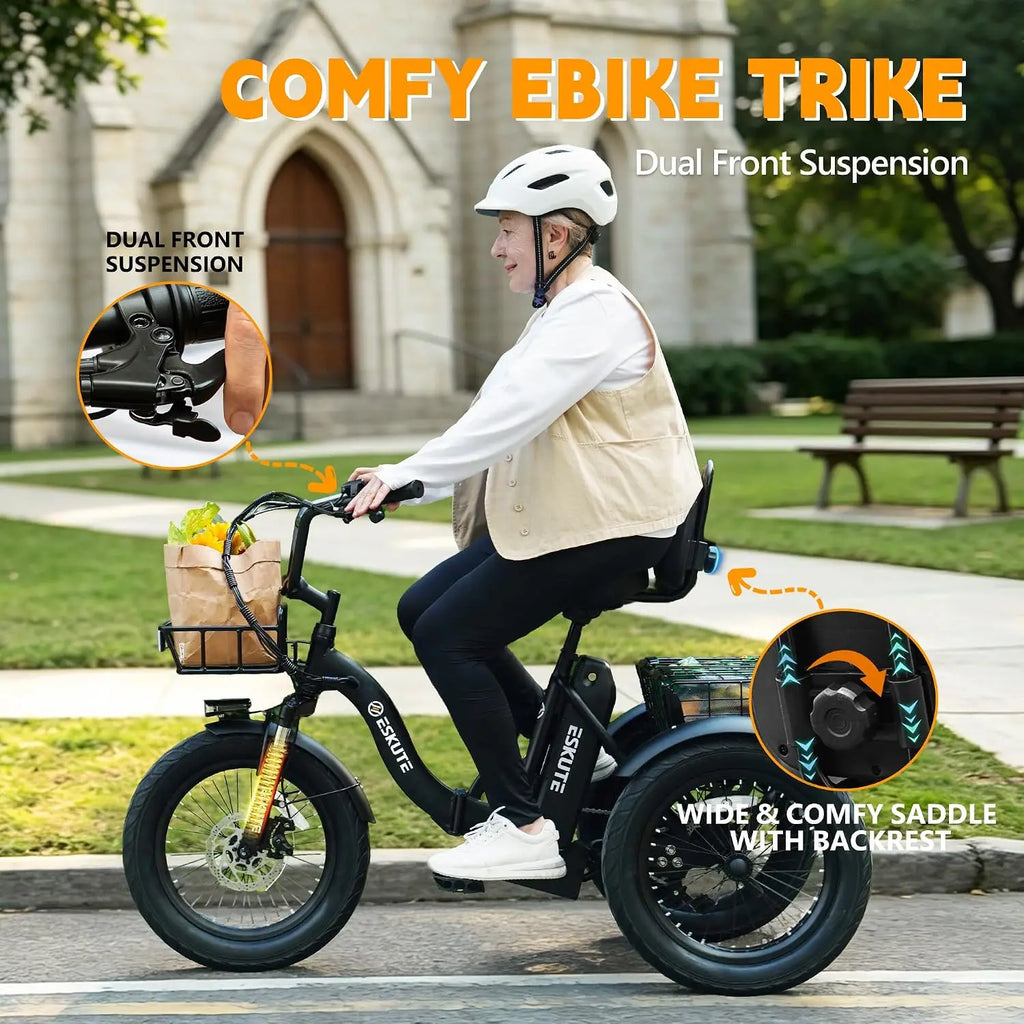 T300 Electric Tricycle for Adults, Peak 1200W Motor Folding E-Trike, 48V 13Ah Battery, 18" x 3.0" Fat Tire 3-Wheel, Customized
