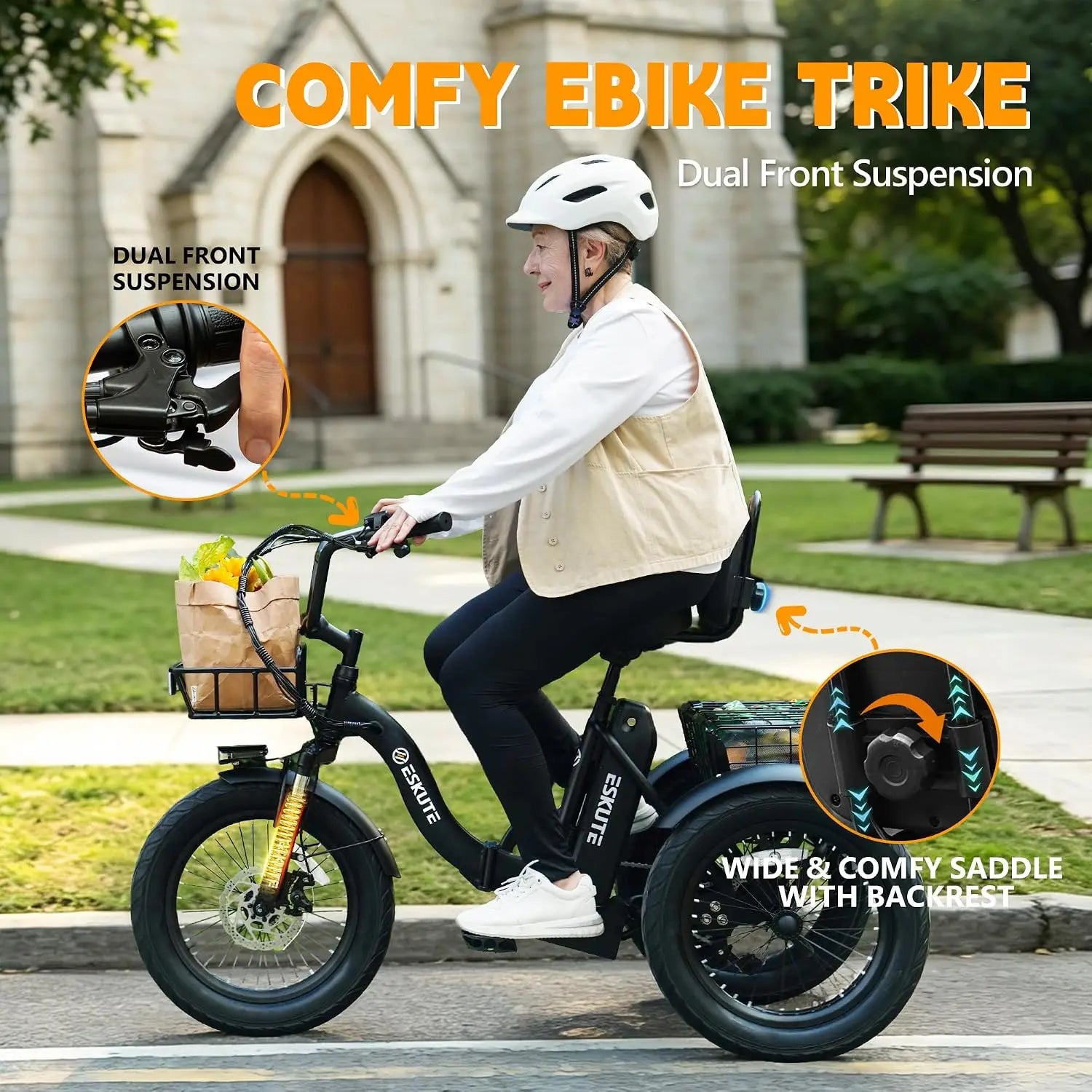 T300 Electric Tricycle for Adults, Peak 1200W Motor Folding E-Trike, 48V 13Ah Battery, 18" x 3.0" Fat Tire 3-Wheel, Customized