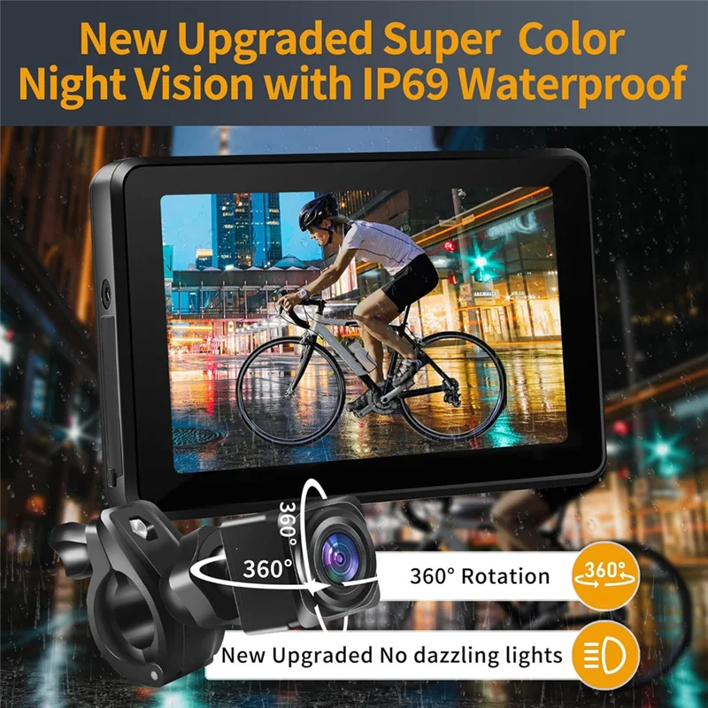 B48B-Bicycle Rear View Camera 4.3" Monitor Bike Recorder Camera 1080P Portable Night Vision For Mountain, Road E-Bike