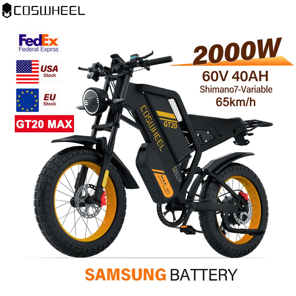 Coswheel Electric Bike for Adult 2000W 60V Off-Road Motorcycle Mountain Bikes 20Inch Electric Bike Fatbike Motorcycles E-bike