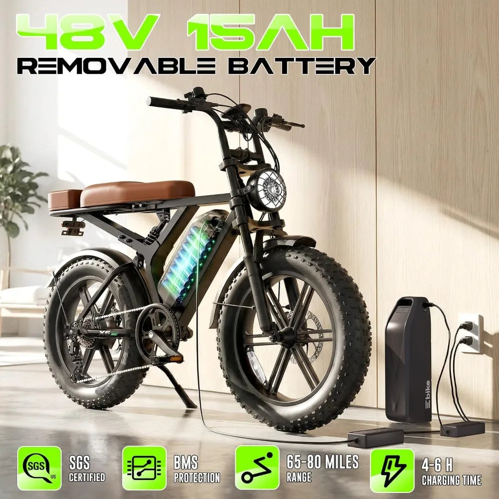 Peak 1500W Retro Adult Electric Bike, 20"x4" Fat Tires, 65&120 Miles Range, 48V 15Ah Removable Battery, Customized
