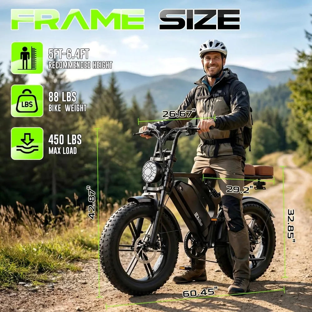 Peak 1500W Retro Adult Electric Bike, 20"x4" Fat Tires, 65&120 Miles Range, 48V 15Ah Removable Battery, Customized