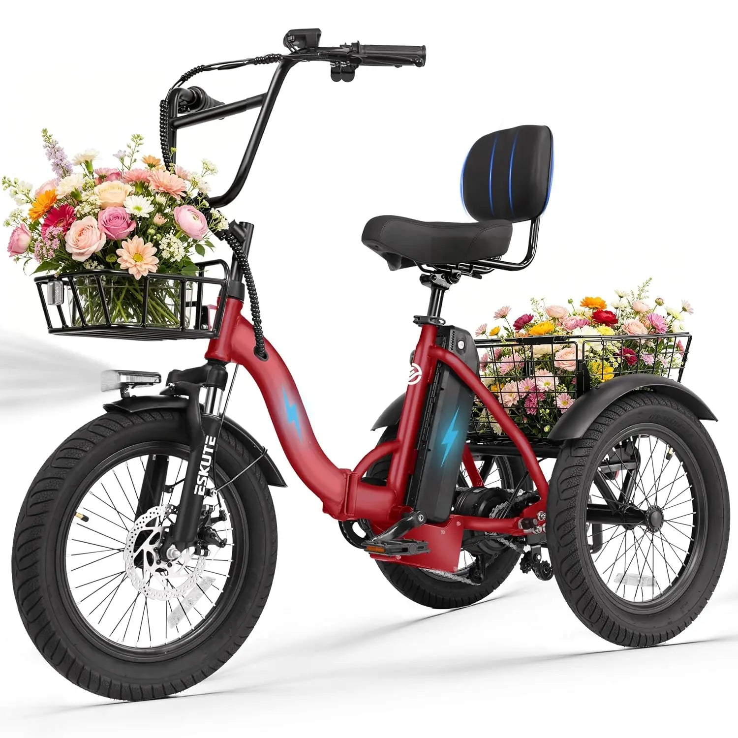 T300 Electric Tricycle for Adults, Peak 1200W Motor Folding E-Trike, 48V 13Ah Battery, 18" x 3.0" Fat Tire 3-Wheel, Customized