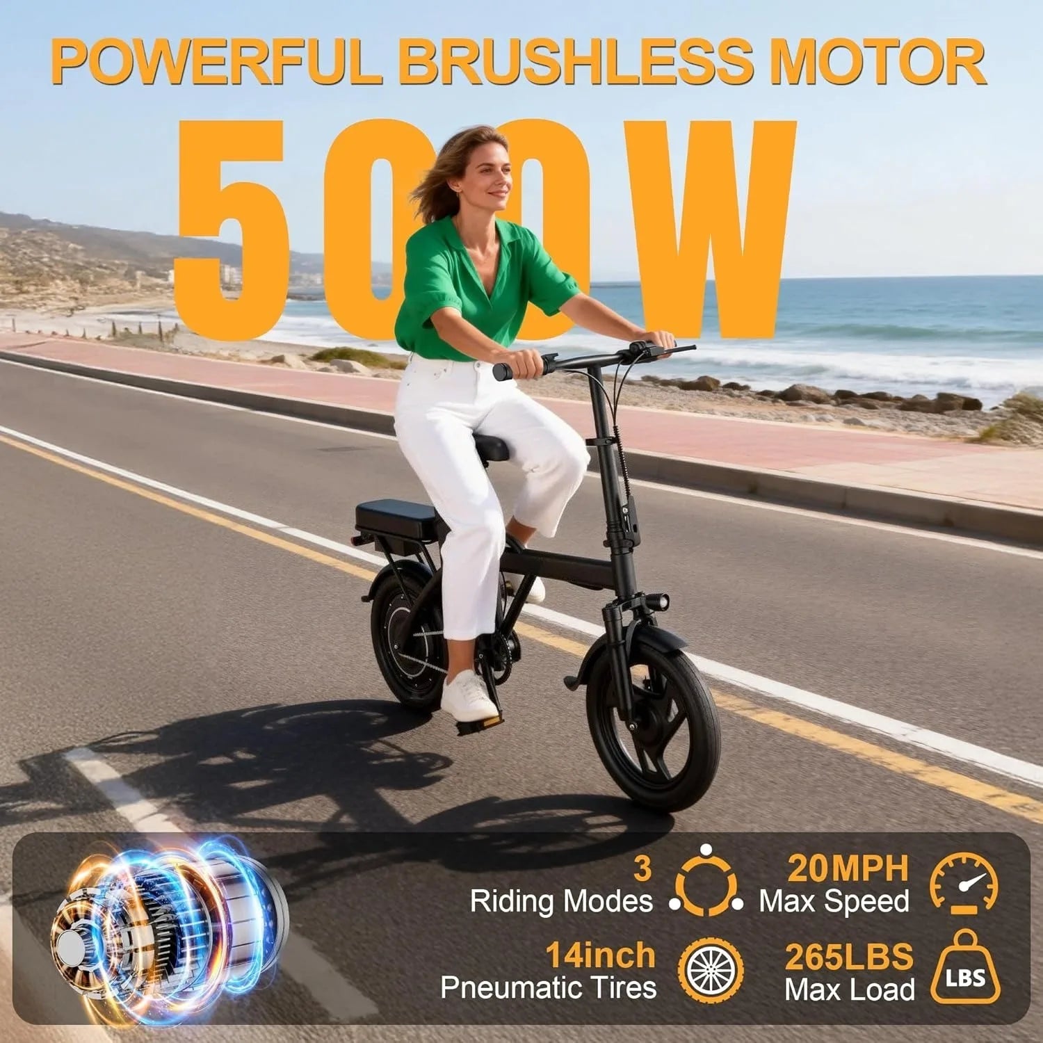 Electric Bike for Adults, 500W Motor, 20 MPH Max Speed Folding Ebike, 14" Electric Bicycles, Max 20/30 Miles Range