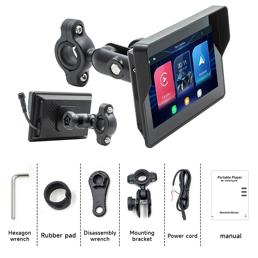 BQCC 5 Inch Portable Motorcycle Player Dual Bluetooth Wireless CarPlay Android Auto Car Motorcycle Multimedia Stereo
