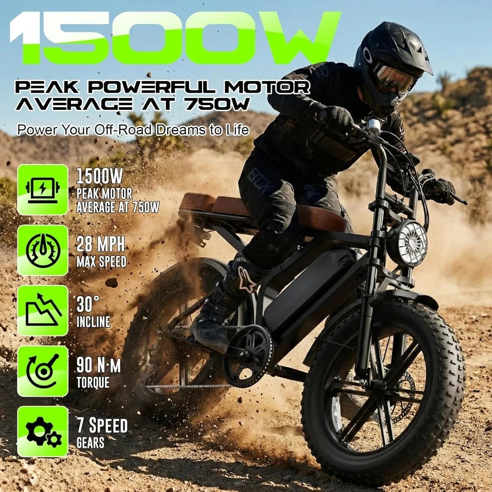 Peak 1500W Retro Adult Electric Bike, 20"x4" Fat Tires, 65&120 Miles Range, 48V 15Ah Removable Battery, Customized
