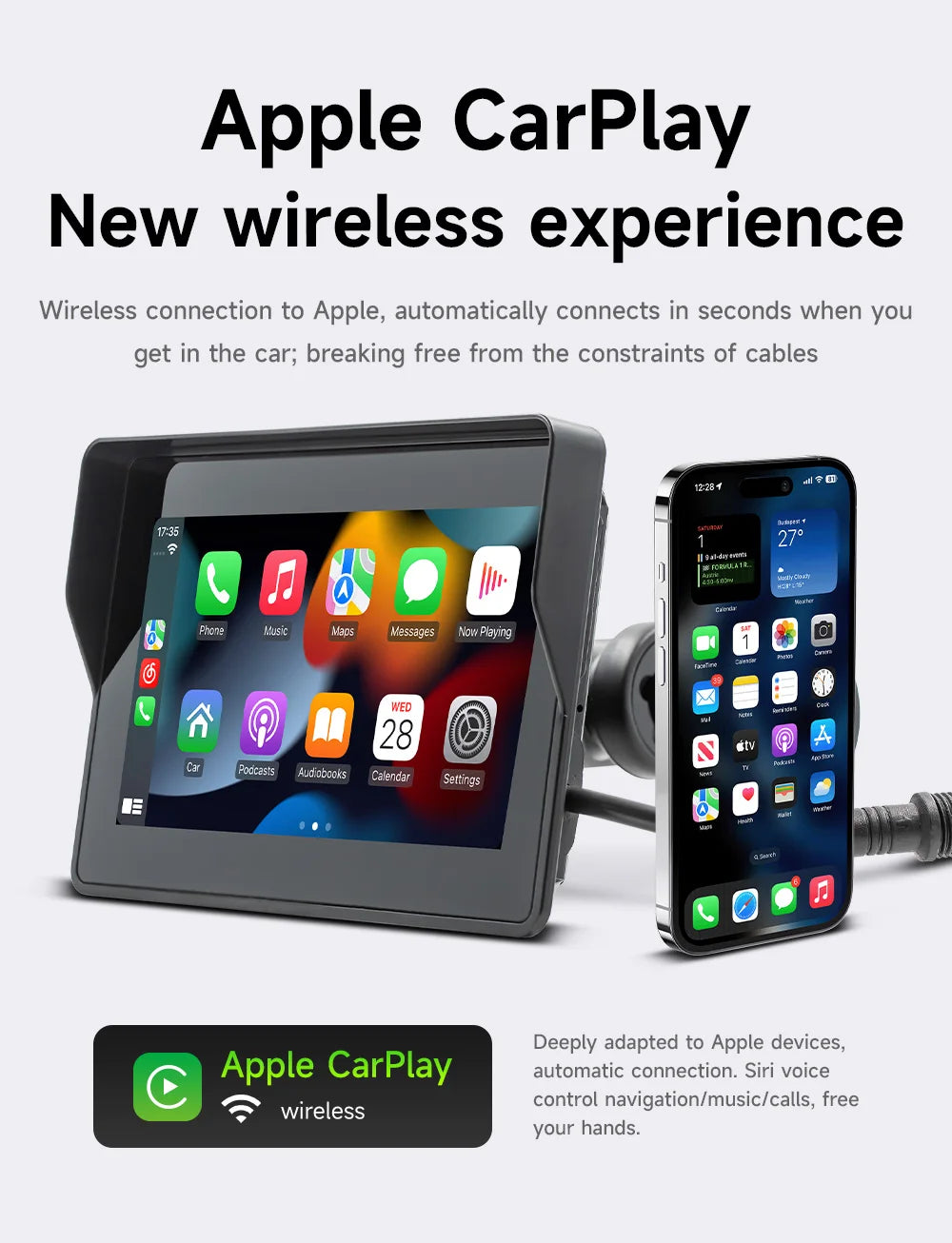 BQCC 5 Inch Portable Motorcycle Player Dual Bluetooth Wireless CarPlay Android Auto Car Motorcycle Multimedia Stereo