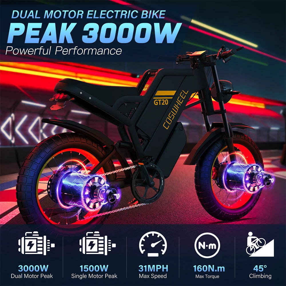Coswheel Electric Bike for Adult 2000W 60V Off-Road Motorcycle Mountain Bikes 20Inch Electric Bike Fatbike Motorcycles E-bike