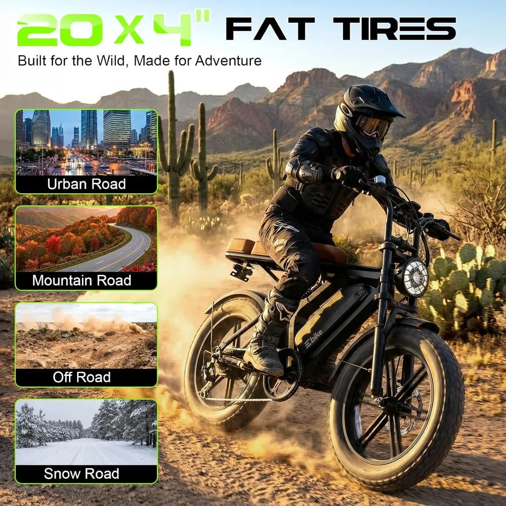 Peak 1500W Retro Adult Electric Bike, 20"x4" Fat Tires, 65&120 Miles Range, 48V 15Ah Removable Battery, Customized