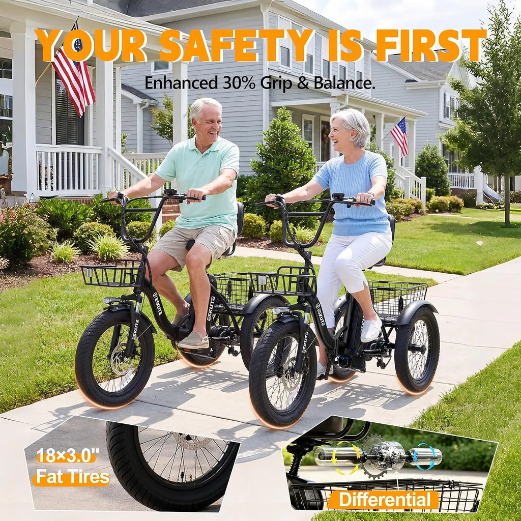 T300 Electric Tricycle for Adults, Peak 1200W Motor Folding E-Trike, 48V 13Ah Battery, 18" x 3.0" Fat Tire 3-Wheel, Customized