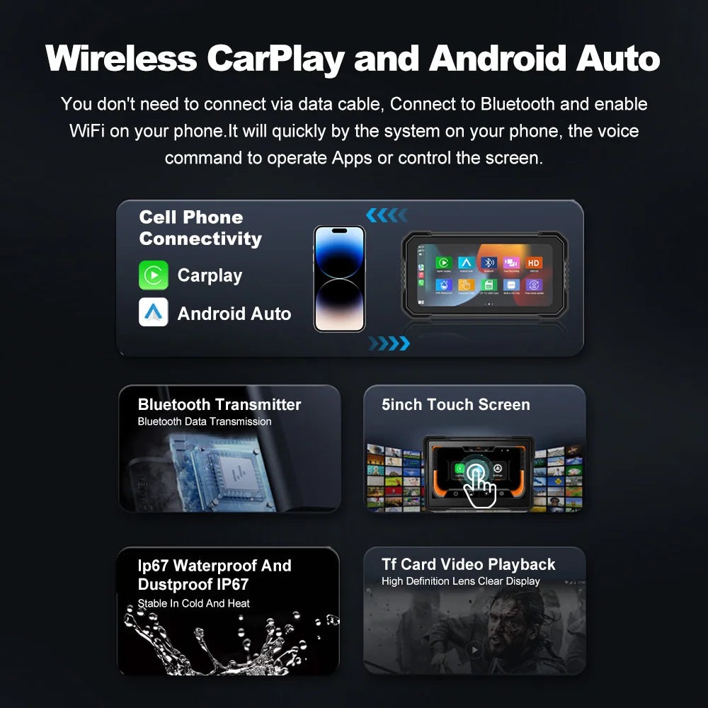 BEPOCAM 5" Motorcycle GPS Carplay Screen Wireless CarPlay Android Auto Car Stereo for Motorbike Waterproof Navigation Touchscree