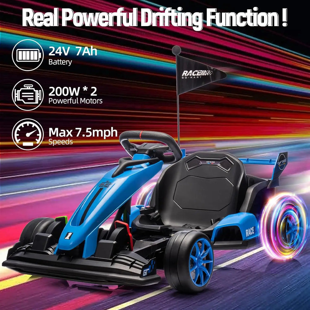 Go Kart Electric Ride On Car 24V Drift Kart Racing Toy with Adjustable Seat,7.5MPH Fast Drifting Circling for Kids 6+ Years