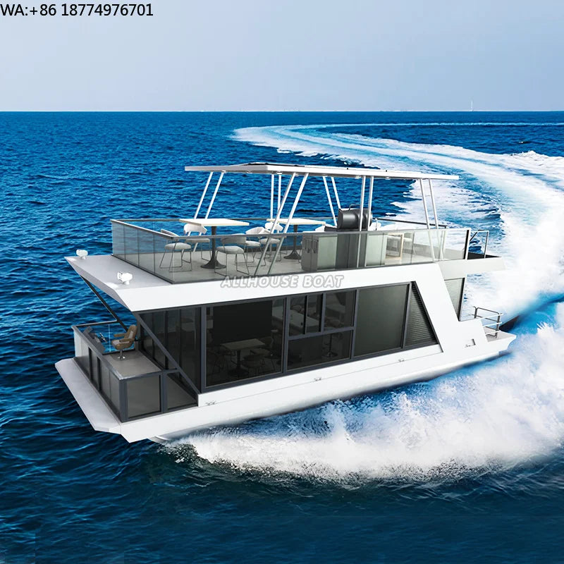 Solar Water Aluminium Pontoon Boathouse Small Boat House Houseboats Houseboat Floats Pontoon Luxury Floating Hotel  With Motor