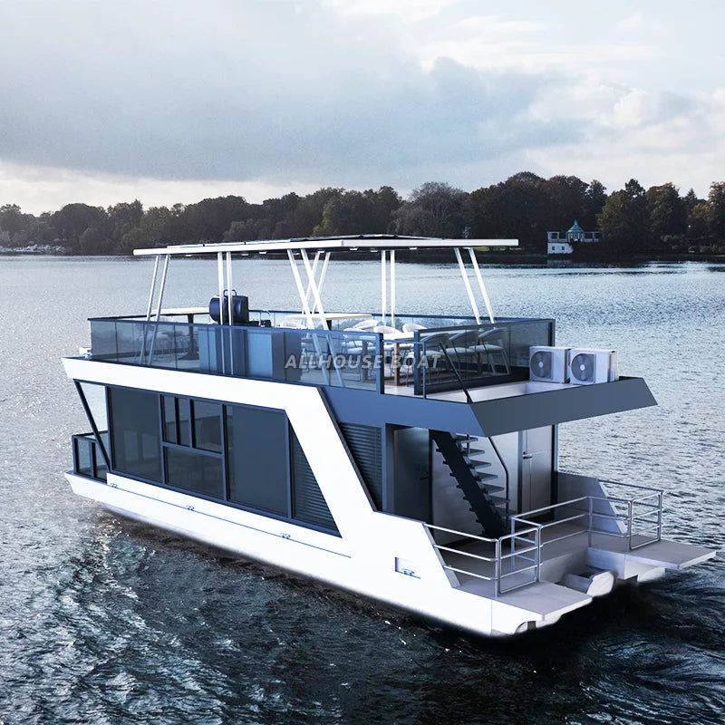 Solar Water Aluminium Pontoon Boathouse Small Boat House Houseboats Houseboat Floats Pontoon Luxury Floating Hotel  With Motor
