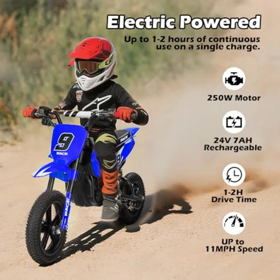 24V Electric Dirt Bike for 250W Electric Motorcycle Up to 11 MPH 10 Miles Long-Range Twist-Grip Throttle 12 Knobby Tires Spring